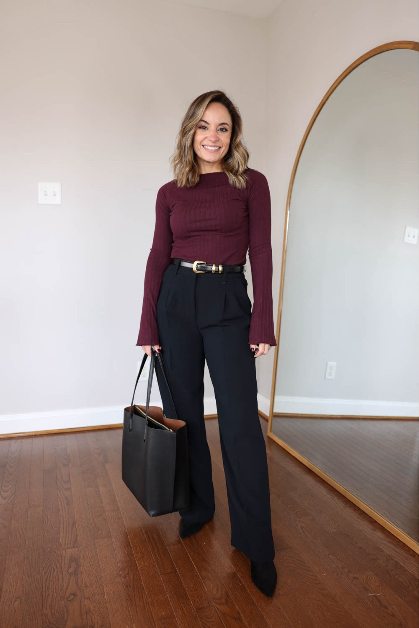 Neutral outfit ideas for work! 

Pants (aritzia): 0 shorter - 11” rise, 28” inseam. I’m wearing knee-high boots with them. 
Burgundy top (Madewell): xxs 
Belt (aritzia): xs - a little long, I secured the end with a clear hair tie 

My measurements for reference: 4’10” 105lbs bust, waist, hips 32”, 24”, 35” size 5 shoe. 25” inseam measurement to my ankle bone.

#LTKWorkwear