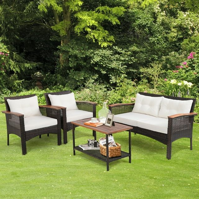 Costway 4PCS Patio Rattan Acacia Wood Furniture Set Cushion Sofa Armrest Deck | Walmart (US)