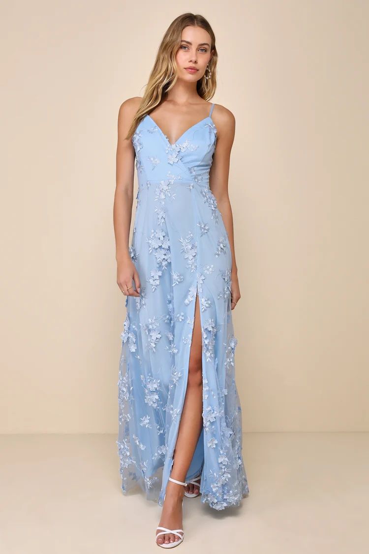 Rare Presence Powder Blue 3D Floral Surplice Maxi Dress | Lulus
