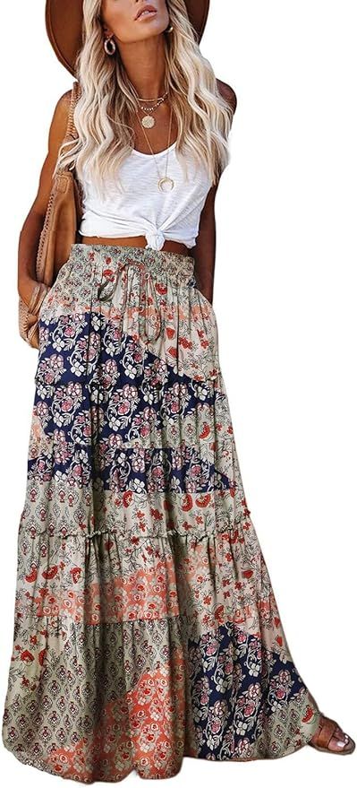 EARKOHA Womens Casual High Waist Tiered Paisley Print Long Maxi Skirt with Pockets | Amazon (US)