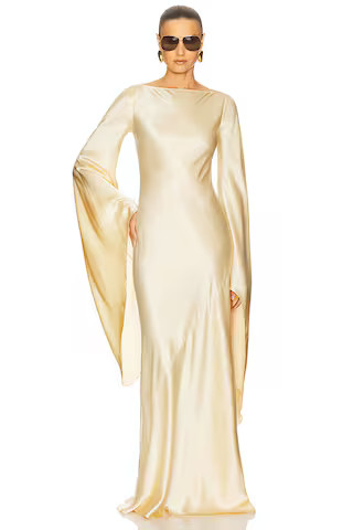 Helsa The Rosalind Dress in Silk Charmeuse in Golden Peach from Revolve.com | Revolve Clothing (Global)