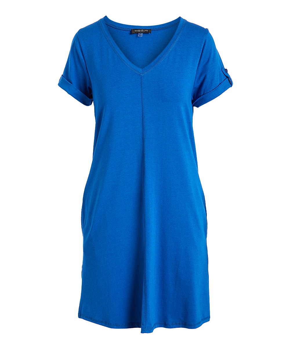 August Silk Women's Casual Dresses BLUE - Blue Burst Roll-Tab Sleeve Pocket Shift Dress - Women | Zulily