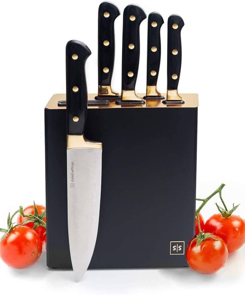 Black and Gold Knife Set with Block - 6 PC Luxe Gold Kitchen Knife Set with Block Self Sharpening... | Amazon (US)