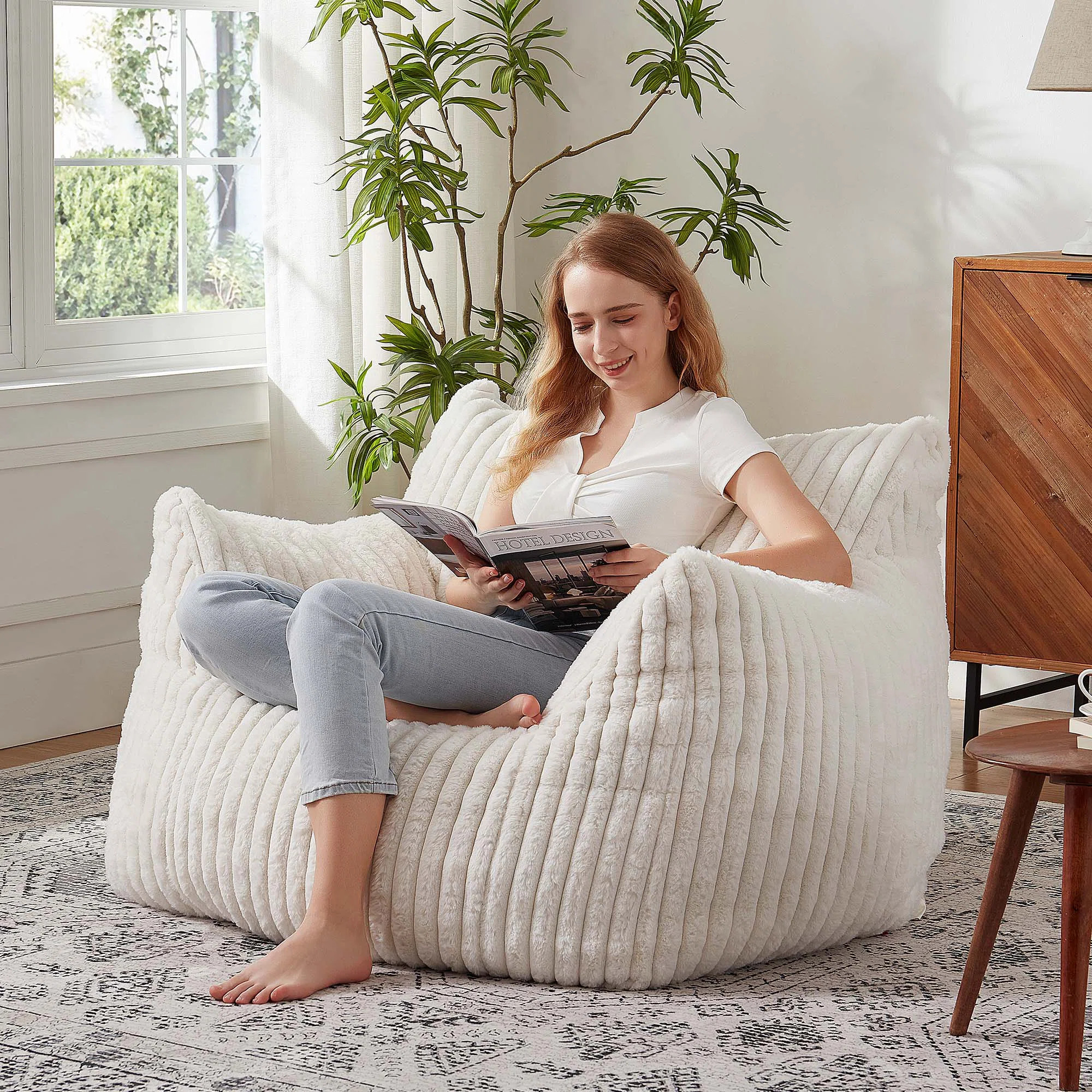 Oversized  Faux Fur Upholstered Foam Filled Bean Bag Chair with Armrests for Adults | Wayfair North America