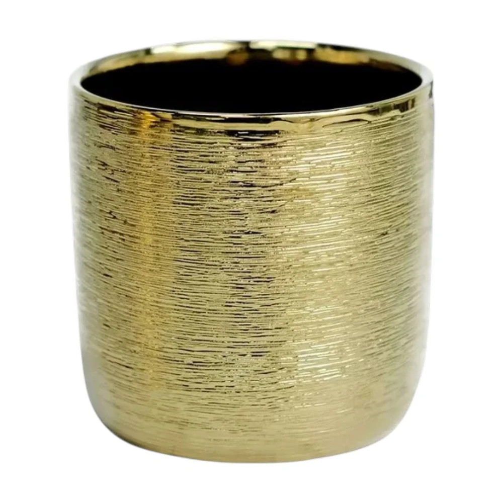 2-Pack Flower Plant Pots Textured Round Design Metallic Gold - Ceramic Cylindrical Indoor Planters 5 | Shop Simon