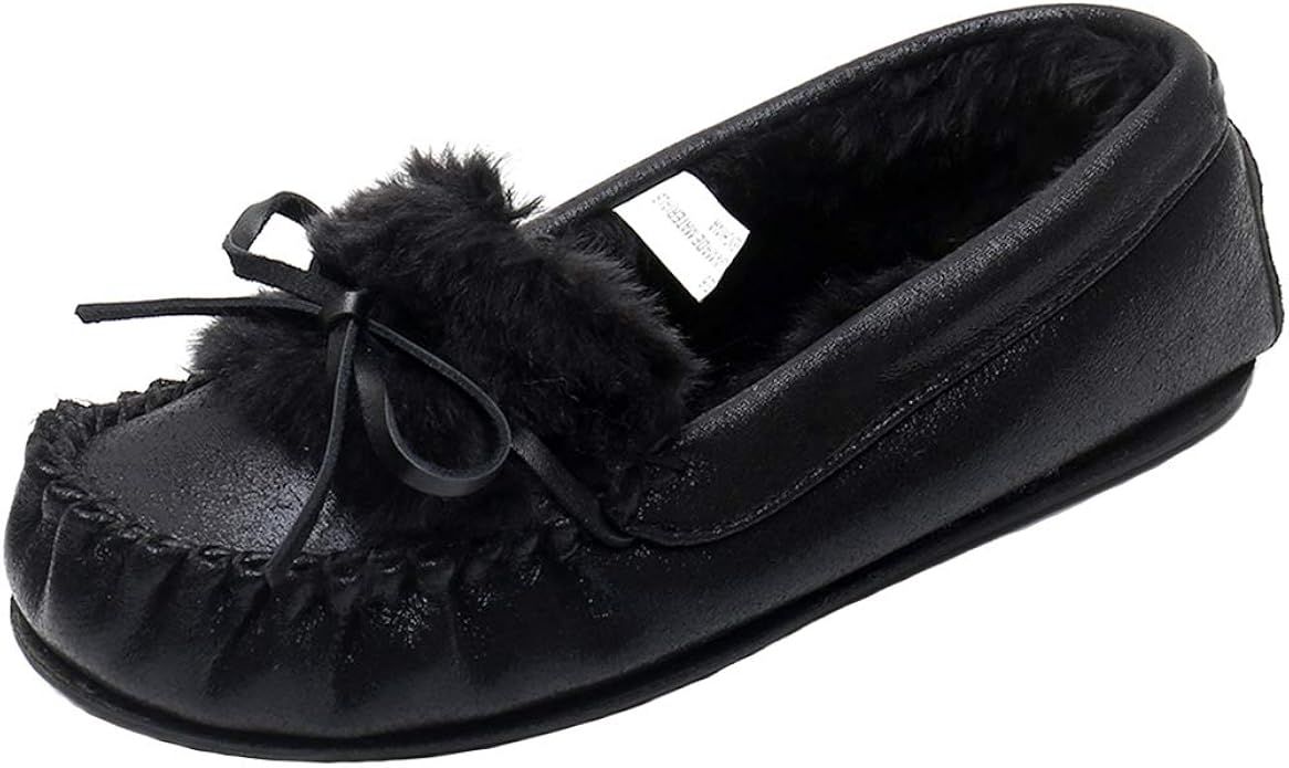 Real Fancy Women's Glitter Moccasin Slipper Faux Fur Lined Winter Slip On Loafer House Shoes | Amazon (US)