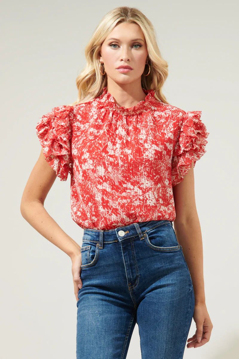 Rousseau Floral Brenna Mock Neck Ruffle Blouse | Sugarlips