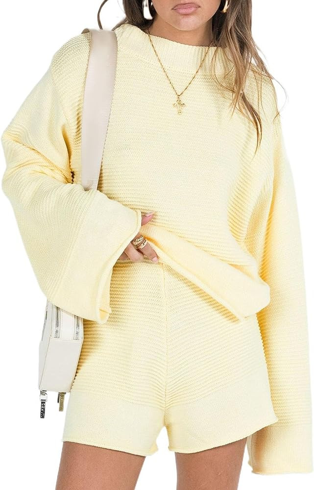 ECDAHICC Women 2 Piece Outfits Sweater Loungewear Sets Winter Cable Knit Sweaters Shorts Matching... | Amazon (US)