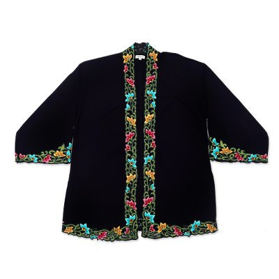 Embroidered Black Cotton Kimono Jacket | NOVICA