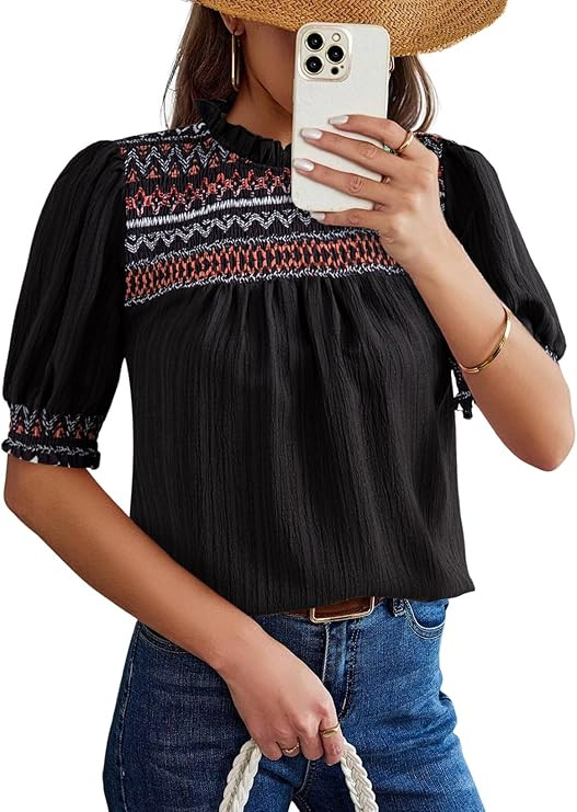 Dokotoo Summer Tops for Women Casual Crewneck Puff Short Sleeve Boho Pleated Shirts Embroidered B... | Amazon (US)