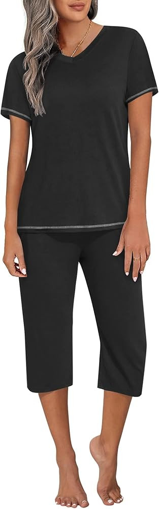 Ekouaer Women's Sleepwear Capri Pajama Sets Short Sleeve Two-Piece Pjs V Neck Tops & Capri Pants ... | Amazon (US)