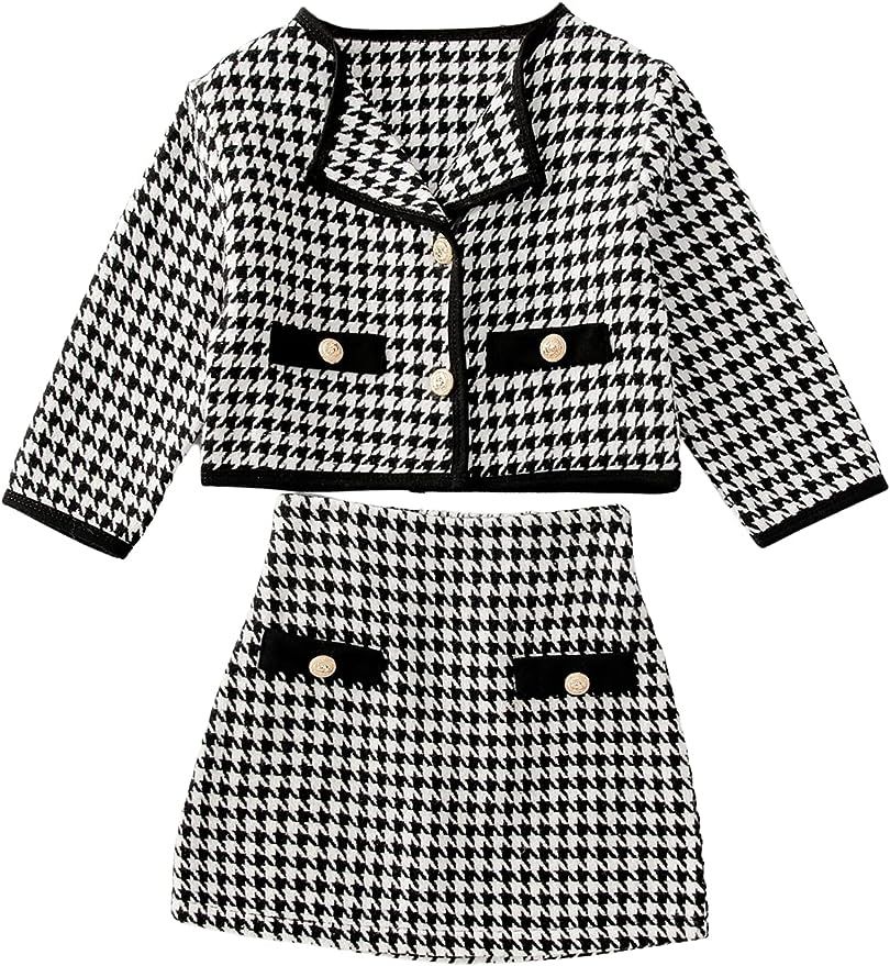 WDIRARA Toddler Girl's 2 Piece Houndstooth Button Front Long Sleeve Round Neck Jacket and Skirt O... | Amazon (US)