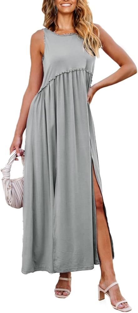 Theenkoln Women Casual Maxi Dress: Sleeveless Crew Neck High Waist Flowy Tiered Tank Sun Dresses | Amazon (US)