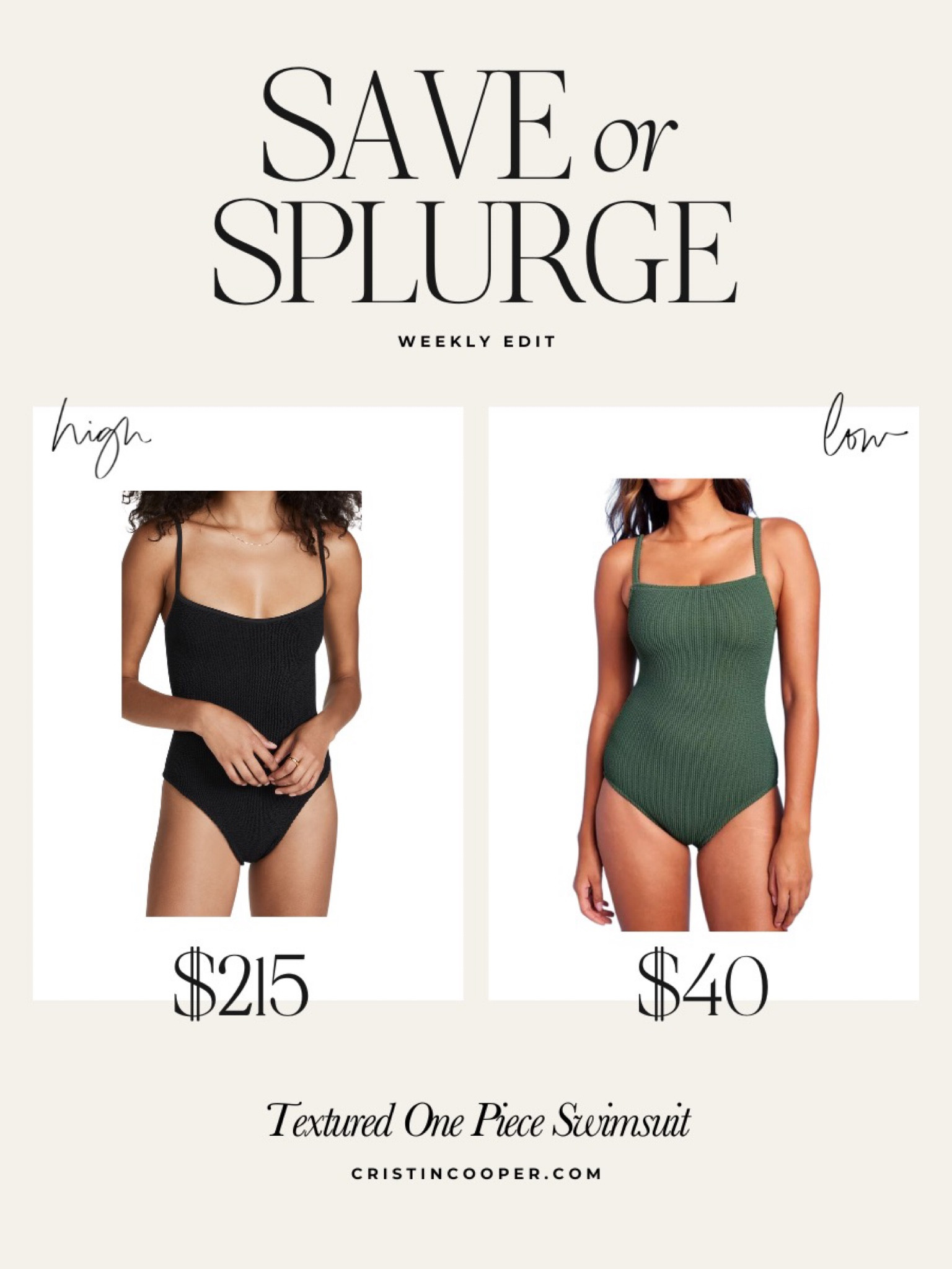 Save or Splurge

Textured One Piece Swimsuit

For more finds head over to cristincooper.com 

#LTKSeasonal #LTKstyletip #LTKswim