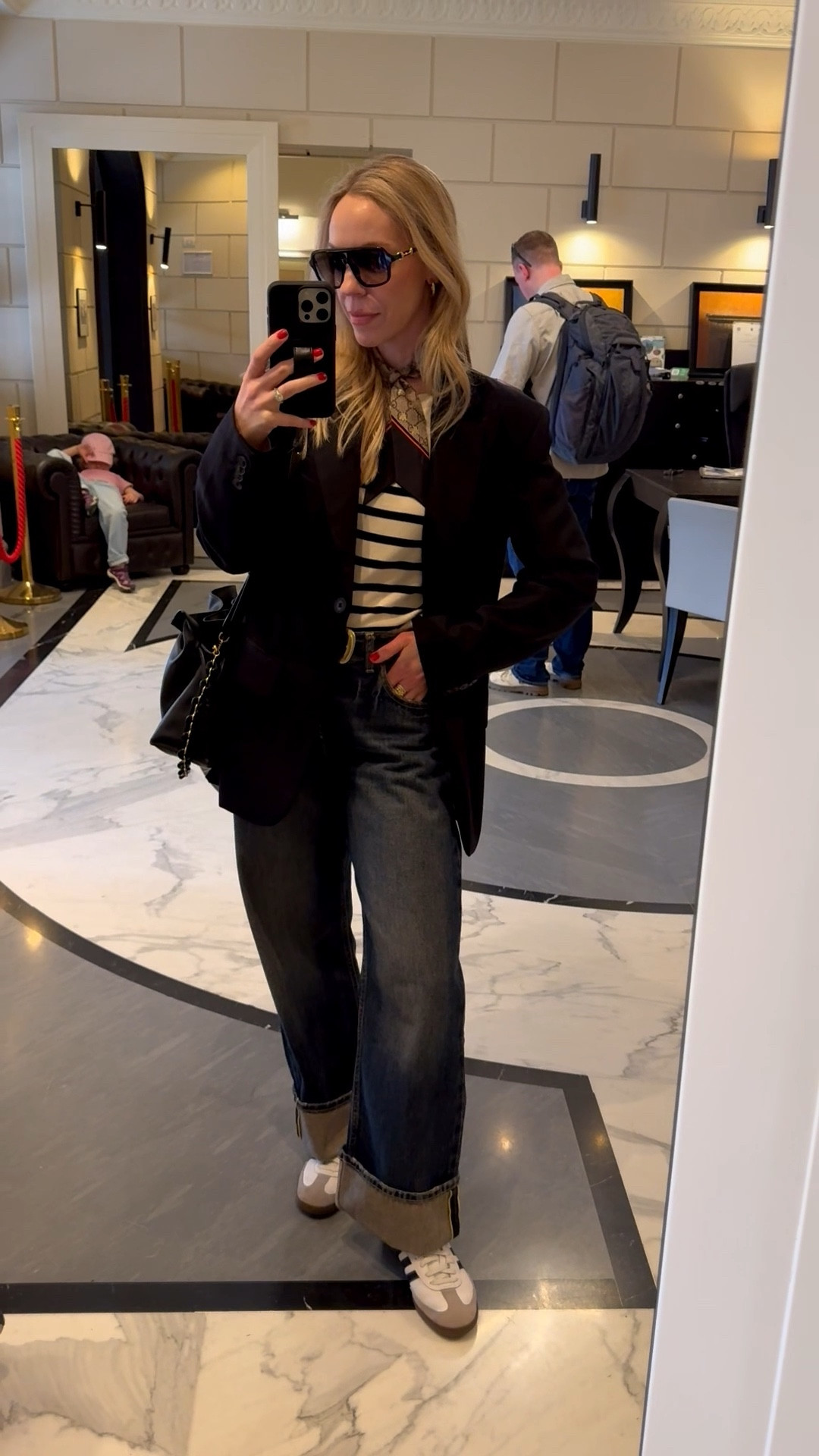 Look of the day, travel style, black blazer with jeans, spring look, European vacation, Gucci silk scarf, @Zara dark wash baggy jeans, Adidas Samba sneakers 

#LTKootd #LTKTravel #LTKdayinmylife