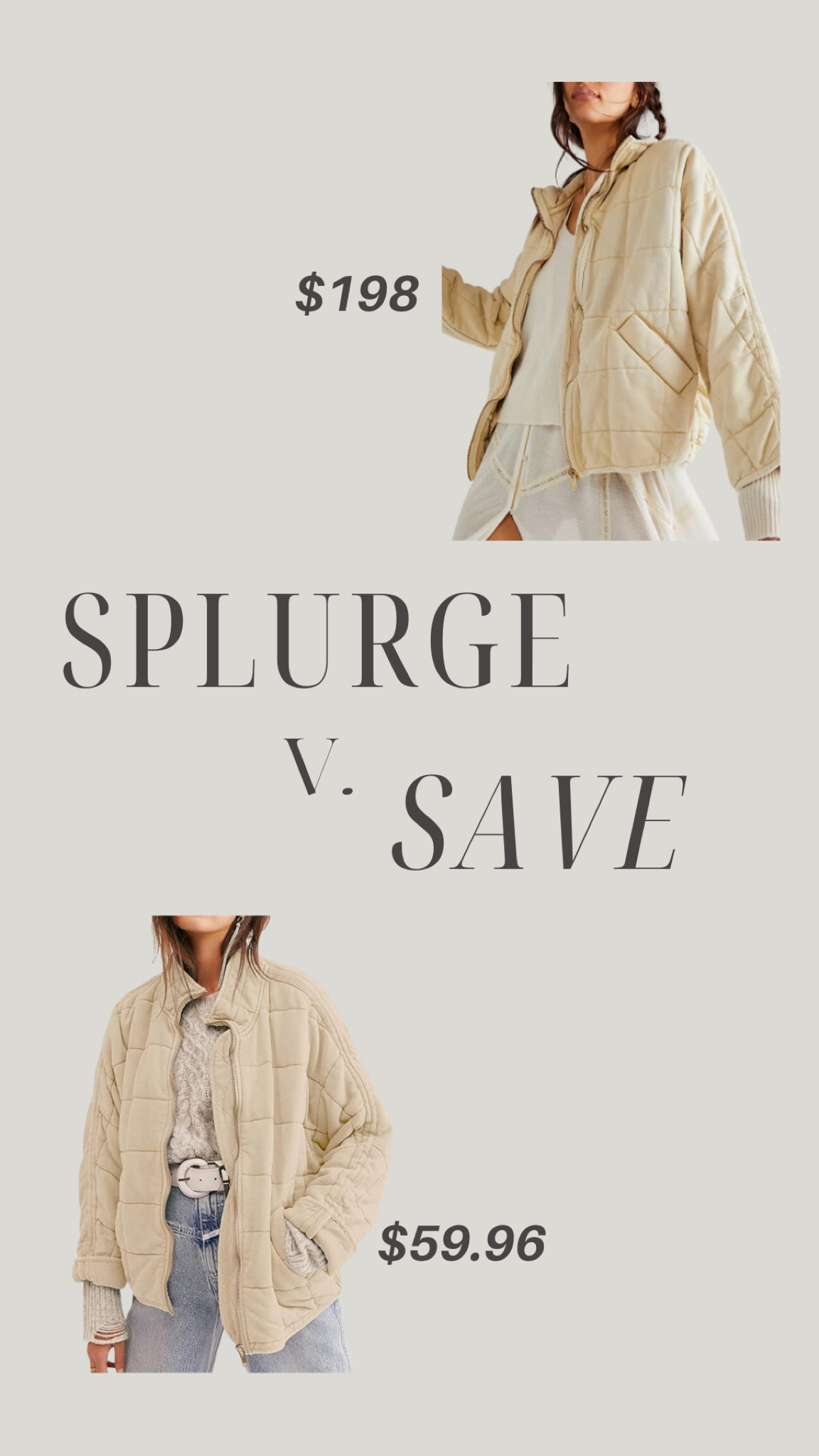 Splurge v. Save Free People quilted jacket! 

Make sure you’re logged into your Amazon Prime account to get the jacket for $59.96

Look for less, Amazon Dupe, Free People look-a-like



#LTKfindsunder100