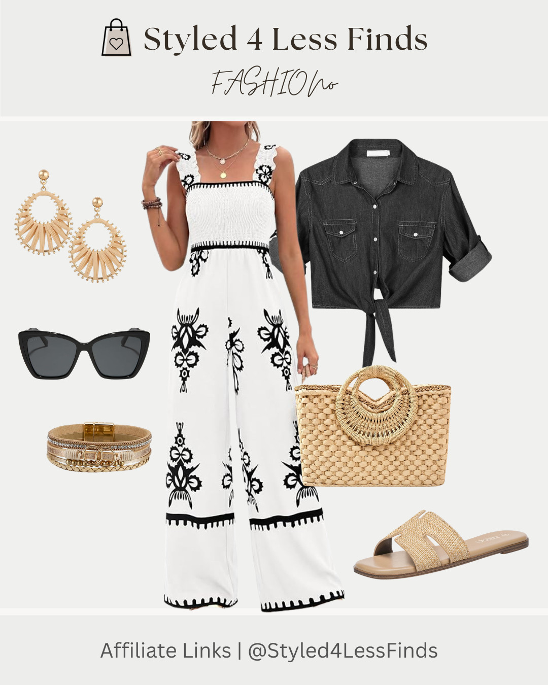 This black-and-white printed jumpsuit is giving effortless vacation vibes! Paired with a lightweight denim tie-front shirt, woven tote, statement earrings, and chic slides, it's the perfect look for everything from sightseeing to sunset dinners. ✨

Style Tip: Layer a lightweight chambray or denim shirt over your resort pieces for cooler evenings and airplane travel. It adds versatility and instantly elevates your vacation wardrobe while keeping your suitcase light. 

 #LTKcanada #LTKsummer #LTKover50style