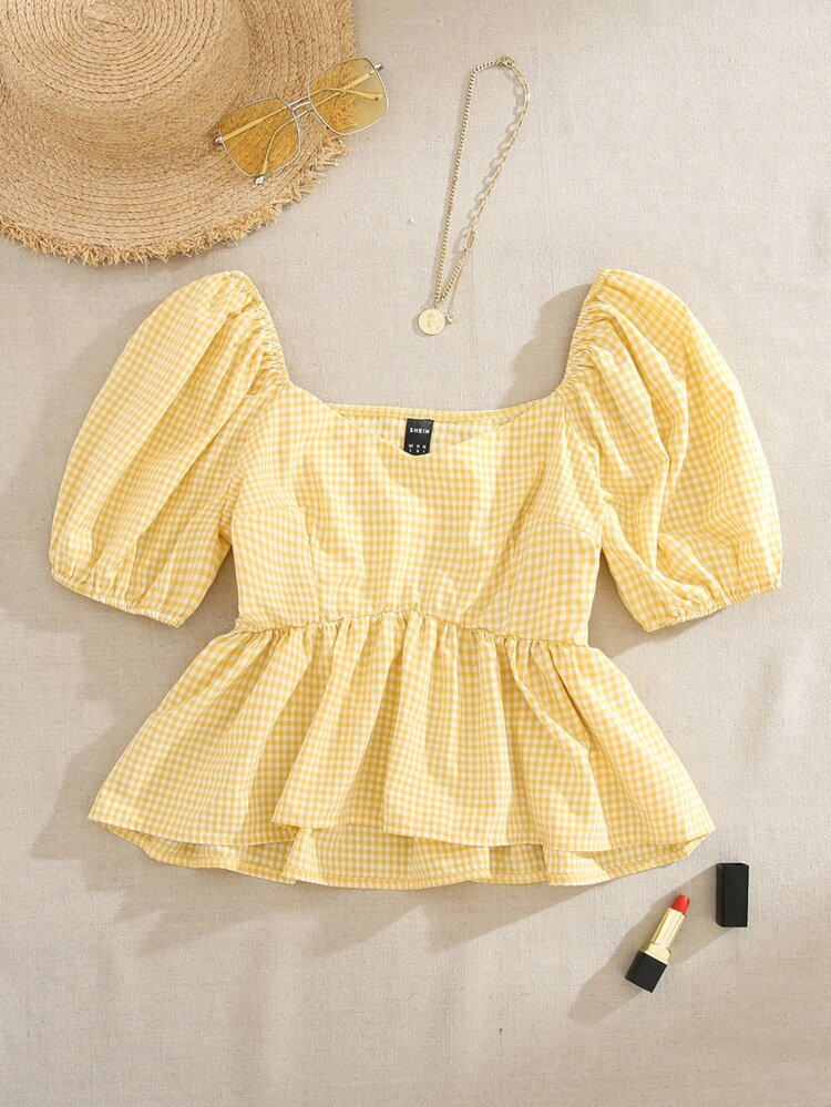 Puff Sleeve Ruffle Hem Gingham Blouse | SHEIN