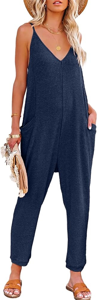 AlvaQ Womens Sleeveless Jumpsuits Adjustable Spaghetti Strap Long Pant Rompers with Pockets | Amazon (US)