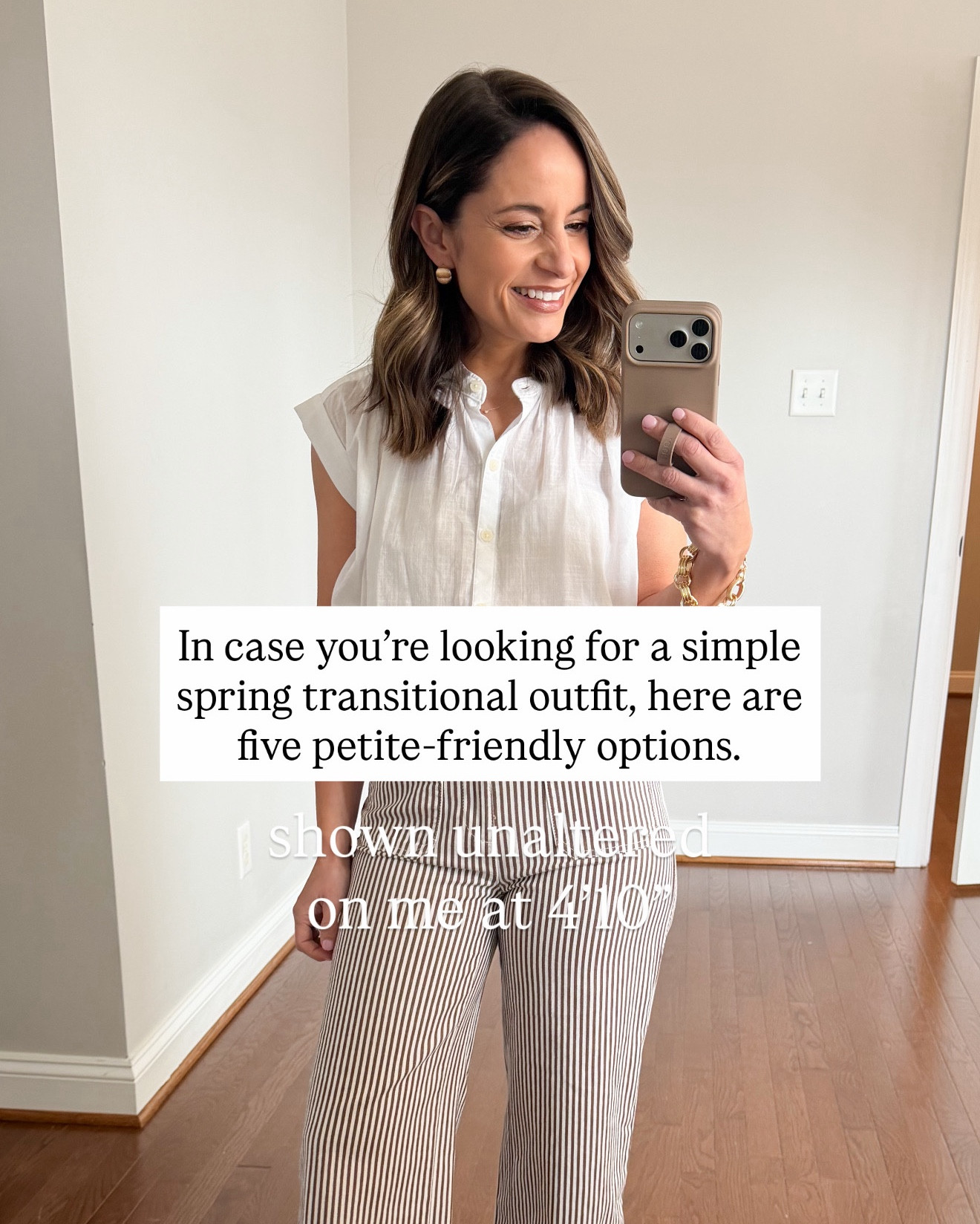 In case you’re looking for a simple spring transitional outfit, here are five petite-friendly options. 

Outfit 1 
Pants (LOFT): petite 00 - 10.5” rise 25.5” inseam - a little roomy and they loosen with wear so I recommend a size down 
Top (LOFT): petite xxs - top is sheer 

Outfit 2 
Top (Gap): petite xs 
Jeans (Quince): 24 x 28” in midnight blue - tts but the jeans shrink in the washer and dryer 

Outfit 3 
Top (Anthropologie): xxs 
Jeans (PAIGE): petite 24 - 10.5” rise, 25.5” inseam - tts 

Outfit 4 
Jeans (BR Factory): petite 24 - 10” rise, 27.5” inseam - tts but stretch with wear 
Top (LOFT): petite xxs 

Outfit 5 
Jeans (Quince): 24 x 28” in midnight blue - tts but the jeans shrink in the washer and dryer 
Jacket (LOFT): petite xxs 
Tank top (Quince): xs 

My measurements for reference: I’m 4’10” and 105lbs. My bust, waist, and hip measurement is 32”, 24”, and 36”.

#LTKPetite