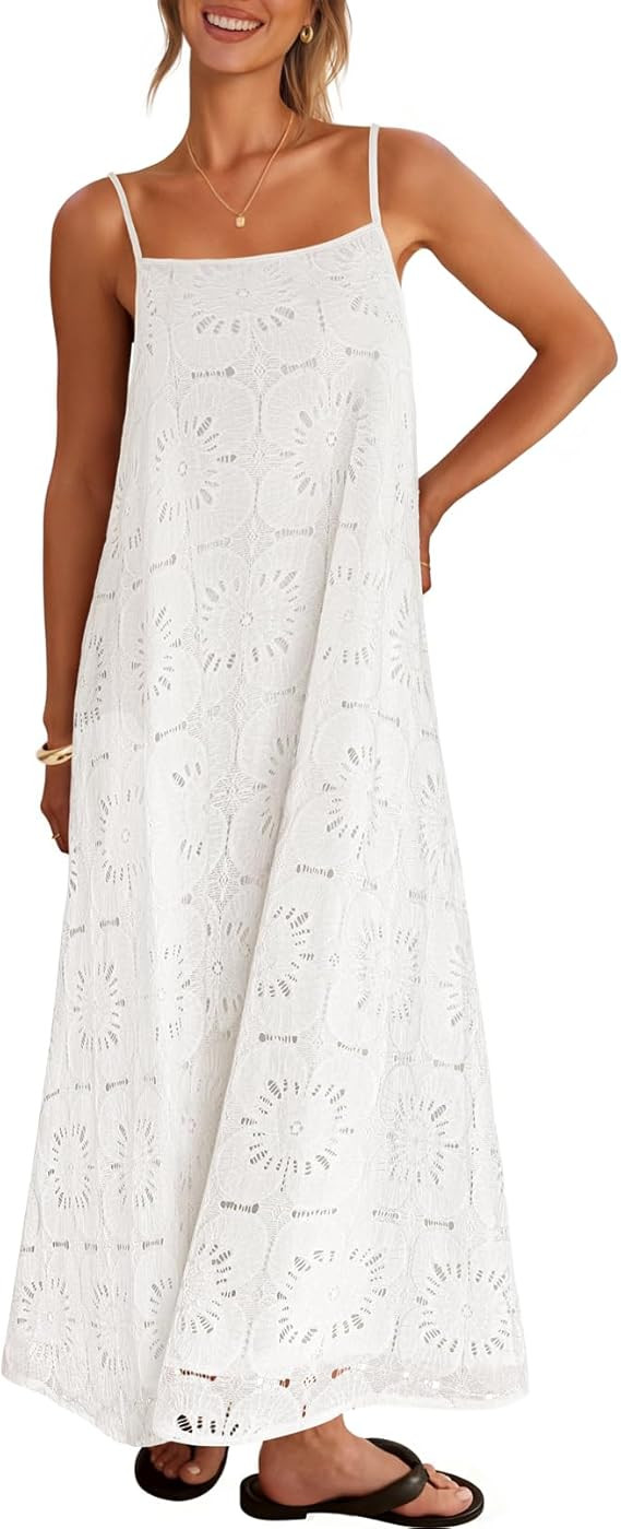MEROKEETY Women's Summer Spaghetti Straps Sundress 2026 Casual Sleeveless Floral Lace Eyelet Boho... | Amazon (US)