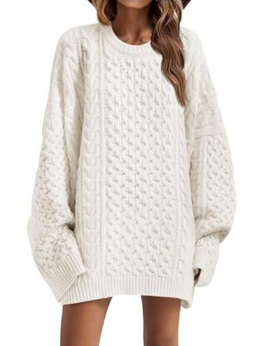Saodimallsu Womens Oversized Sweaters Chunky Cable Knit Crewneck Long Sleeve Loose Tunic Sweater Tops White | Amazon (US)