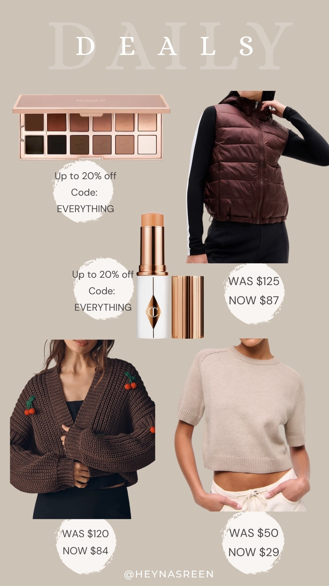 Daily deals on Patrick Ta eyeshadow palette, Athleta puffer vest, Abercrombie sweater tee, Charlotte Tilbury foundation stick, Anthropologie cardigan 