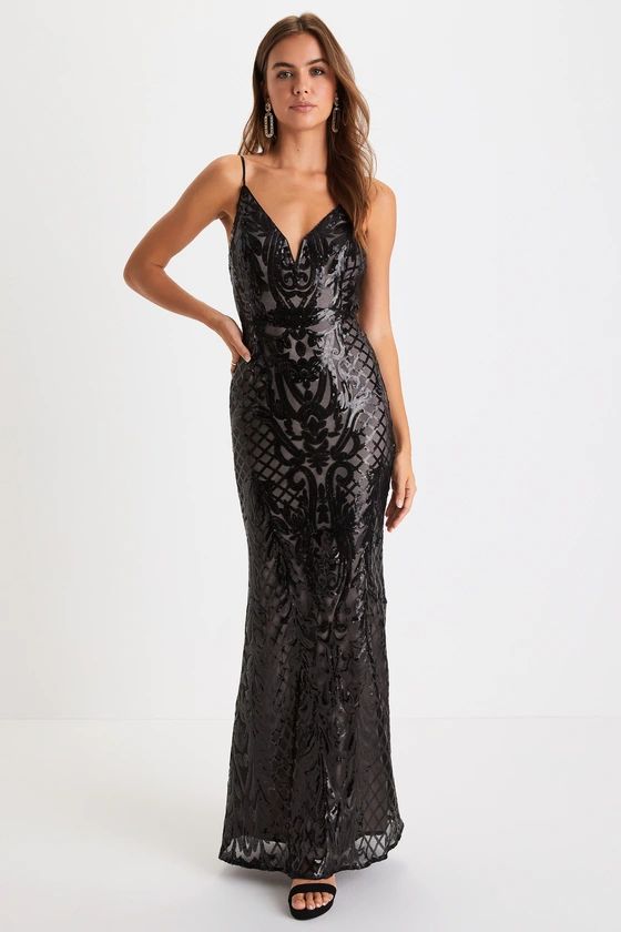 Flirty Fate Black and Beige Sequin Cutout Maxi Dress | Lulus (US)