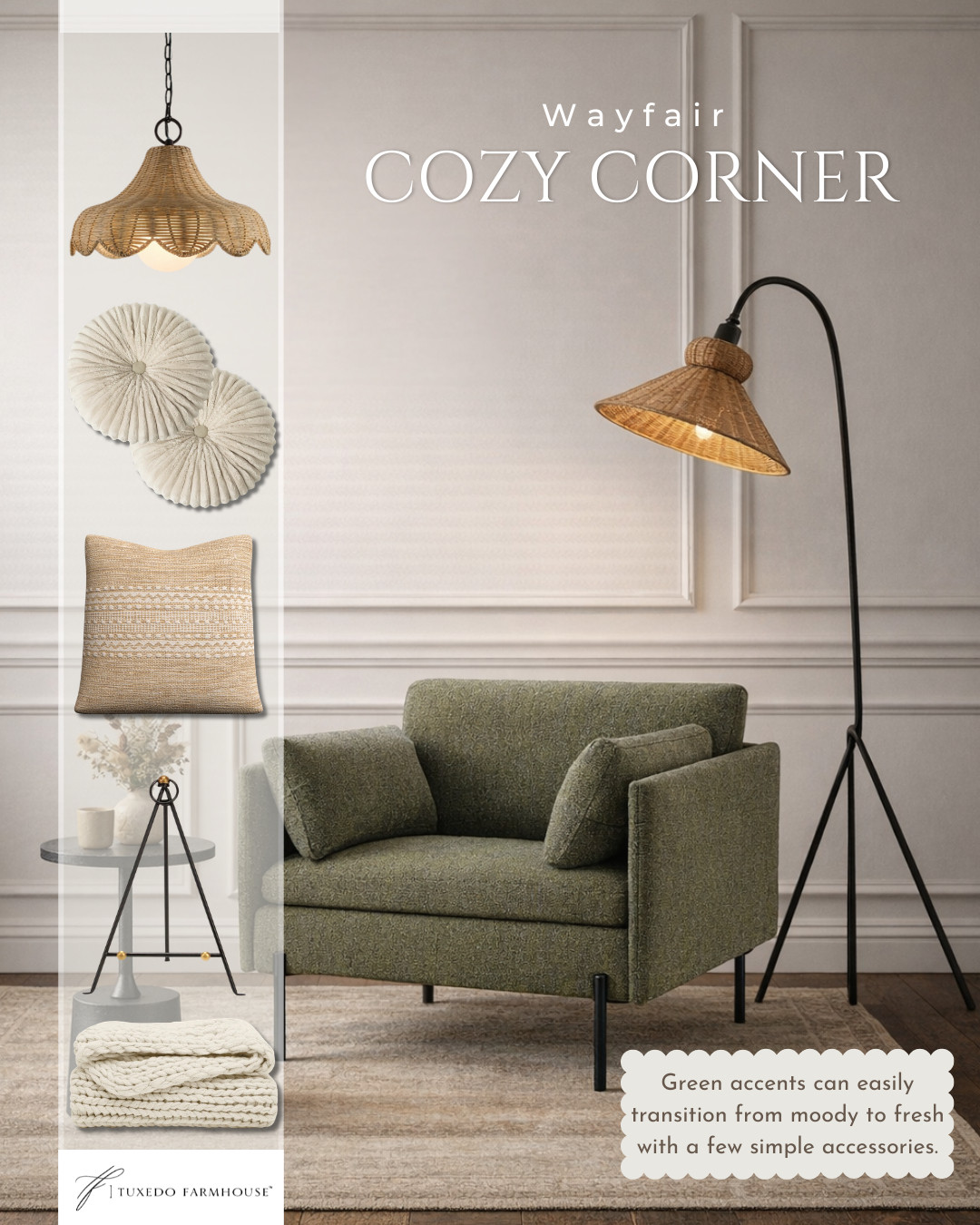 Cozy corner essentials 🤍

A soft neutral rug, textured green armchair, and warm woven lighting create the perfect little reading spot. Layer in natural accents, a knit throw, and a simple side table for an effortless space that feels both fresh and inviting.

Shop the chair, lighting, rug, and cozy accessories here  

 #LTKSeasonal #LTKHome #LTKSaleAlert