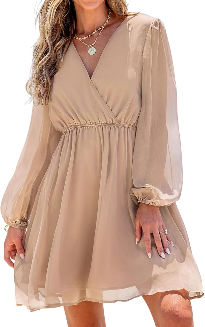CUPSHE Women's Mini Dresses Casual Spring V Neck Chiffon Long Peasant Sleeves Flowy Summer Dress | Amazon (US)