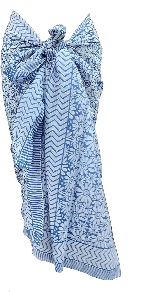 FIKIMOS Cotton Hand Block Print Sarong Swimsuit Wrap Cover Up Long Women Cloth (73" x 44") Blue -... | Amazon (US)