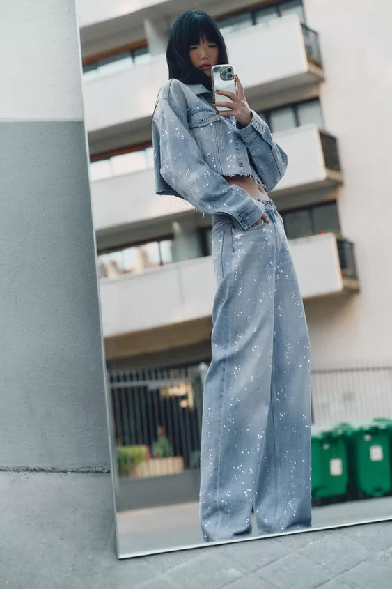 TRF STRASS CROP DENIM JACKET | Zara US