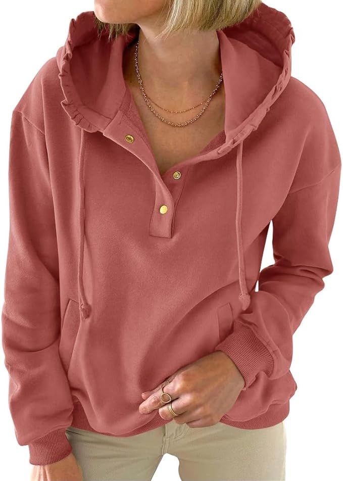 PRETTYGARDEN Women Sweatshirts 2023 Cotton Long Sleeve Button Drawstring Ruffle Trim Hoodies Fall... | Amazon (US)