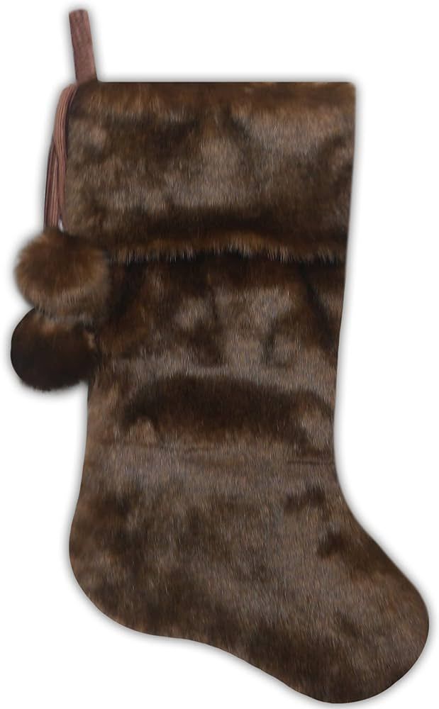 Christmas Queen Faux Fur Christmas Stocking - Large Dark Brown Xmas Stocking with Faux Fur Poms P... | Amazon (US)