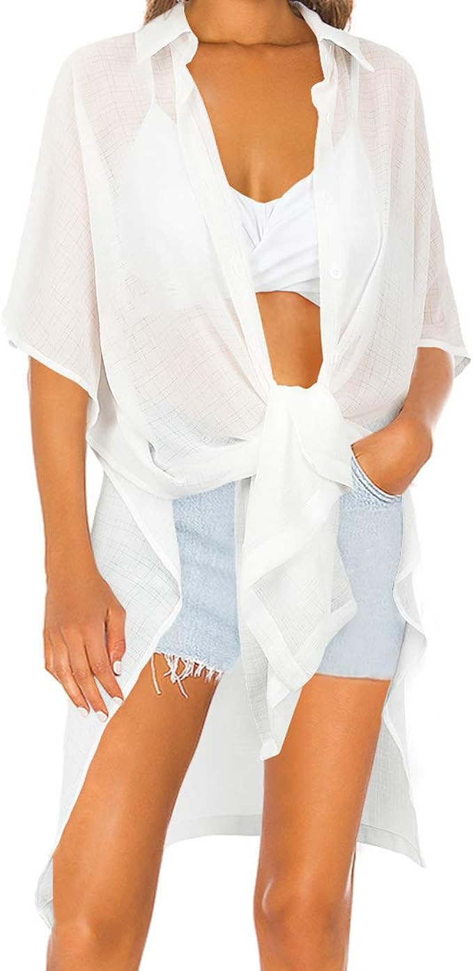 RUUHEE Women Button Down Swim Cover up Side Split Half Sleeve Shirt Bikini Beachwear Dress | Amazon (US)