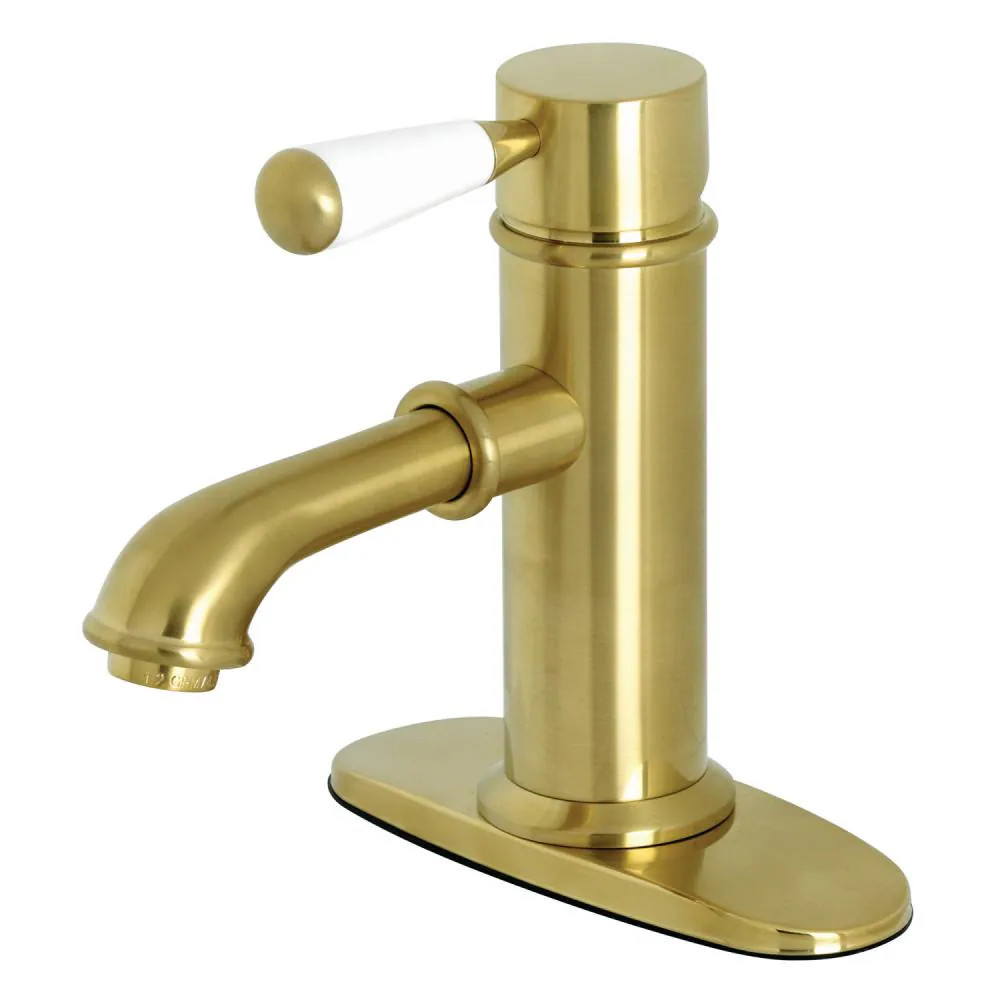 Kingston Brass Paris Brushed brass 4-in centerset 1-handle Low-arc Residential Handle Bathroom Sink Faucet with Drain with Deck Plate | WLKS7417DPL | Lowe's
