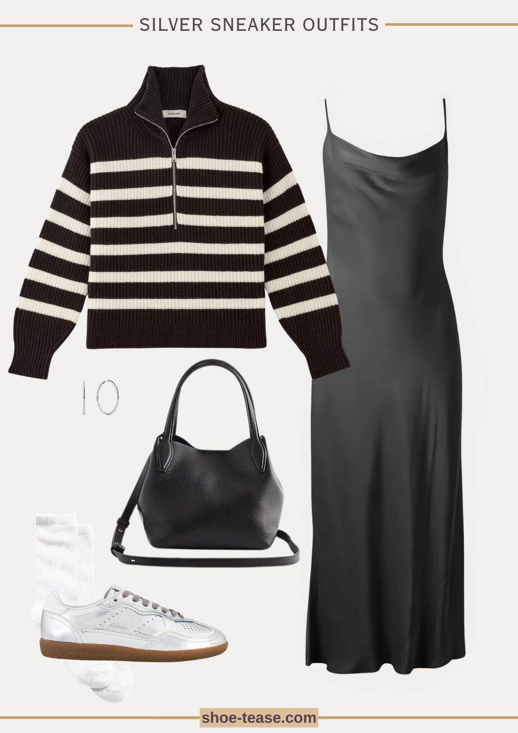 Fall outfit with silver sneakers, stripe sweater and black slip dress 

#LTKSeasonal #LTKOver40