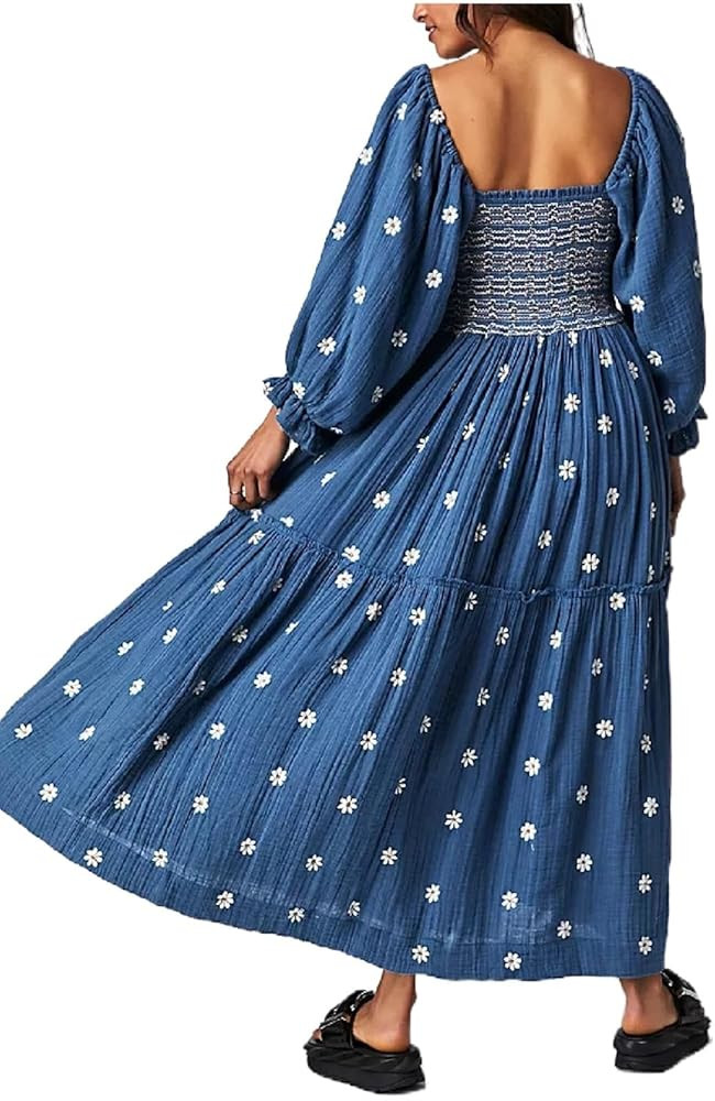 Boho Flowy Maxi Dress for Women Puff Long Sleeve Square Neck Embroidered Swing Tiered Long Dress | Amazon (US)