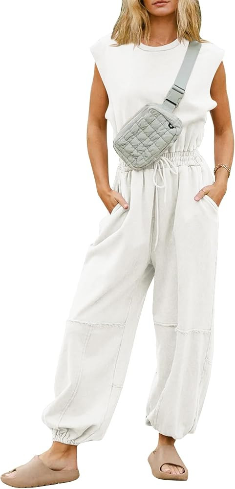 Flygo Womens Casual Jumpsuit Crewneck Cap Sleeve Long Wide Leg Pants One Piece Outfits Drawstring... | Amazon (US)