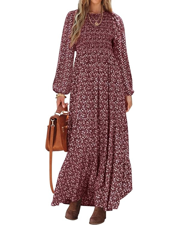 PRETTYGARDEN Women's Spring Dresses 2025 Long Sleeve Flowy Casual Floral Maxi Dress Crew Neck Smo... | Amazon (US)