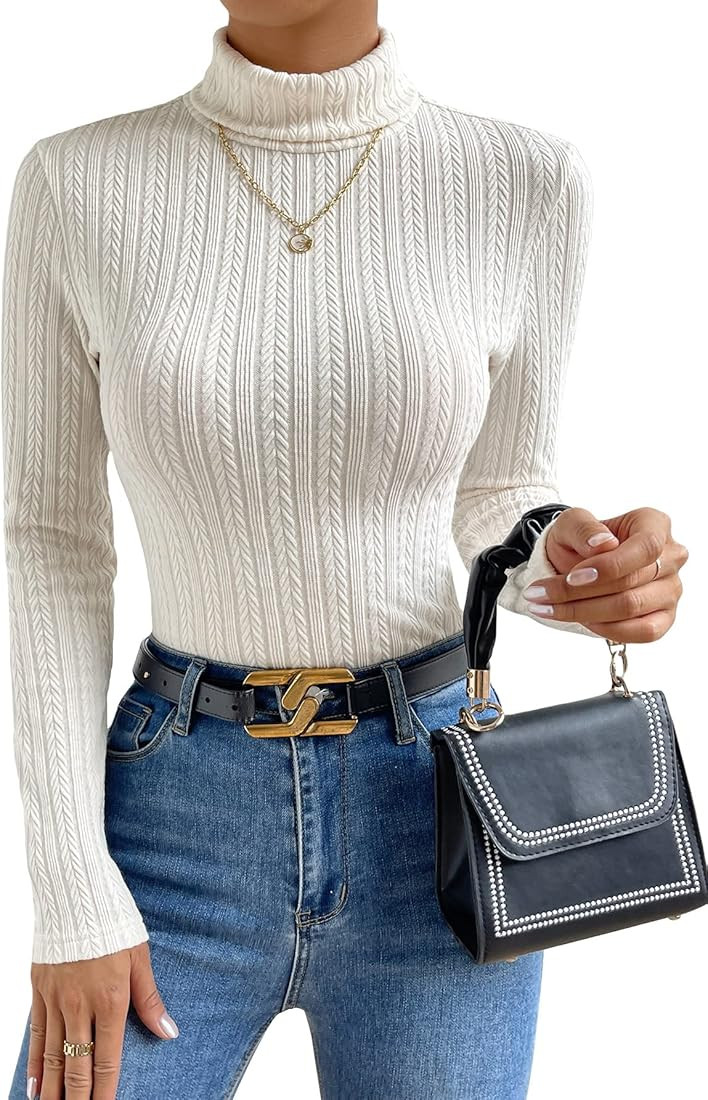 Milumia Women's Casual Rib Knit High Neck T Shirts Long Sleeve Fitted Tee Work Tops | Amazon (US)