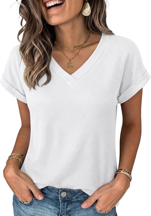 ANRABESS Womens Waffle Knit Tops 2026 Summer Casual Short Sleeve V Neck T Shirts Basic Work Tee S... | Amazon (US)