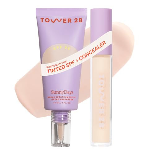 Tower 28 Swipe Serum Concealer in 1.0 + SunnyDays SPF 30 Tinted Moisturizer in 05 - Hydrating Medium-Full Coverage Concealer + 2-in-1 Buildable Coverage Foundation + Mineral Sunscreen (2 Count) | Amazon (US)