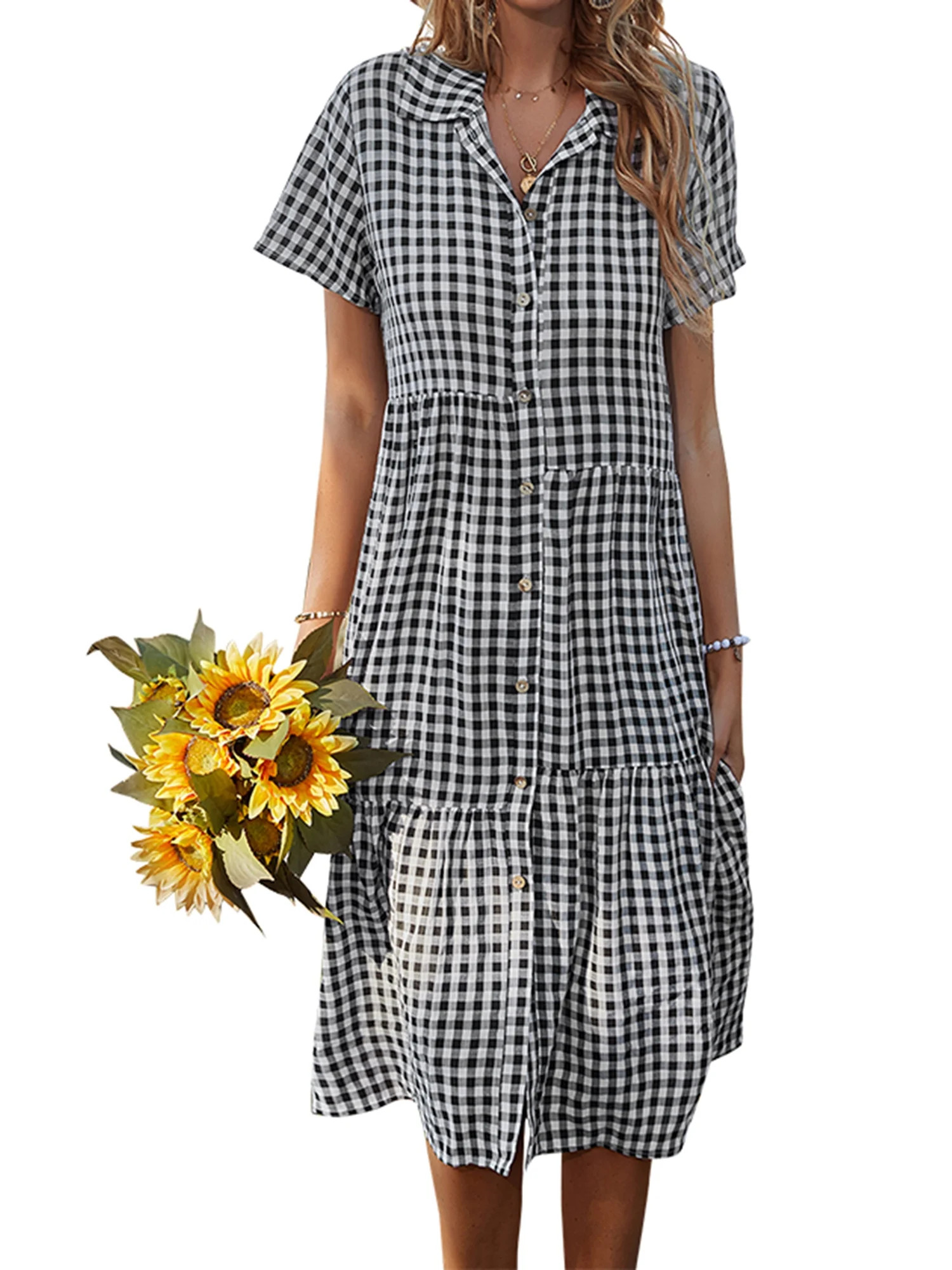 Inevnen Women Smock Plaid Midi Dresses A Line Lapel Gingham Short Sleeve Loose Button Down Sundre... | Walmart (US)
