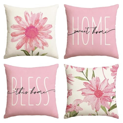 AVOIN colorlife Home Sweet Home Spring Summer Flowers Pink Throw Pillow Covers, 20 x 20 Inch Cushion Case for Sofa Couch Set of 4 | Amazon (US)