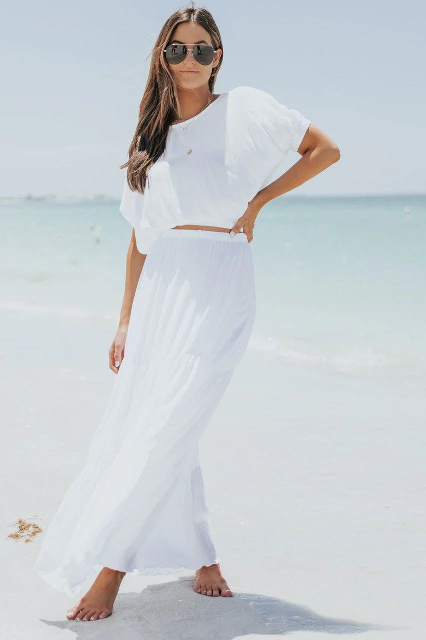 Sunrise Short Sleeve Top & Maxi Skirt White Set | White Maxi Skirt | Beach Bride Outfit | #LTKU | Magnolia Boutique