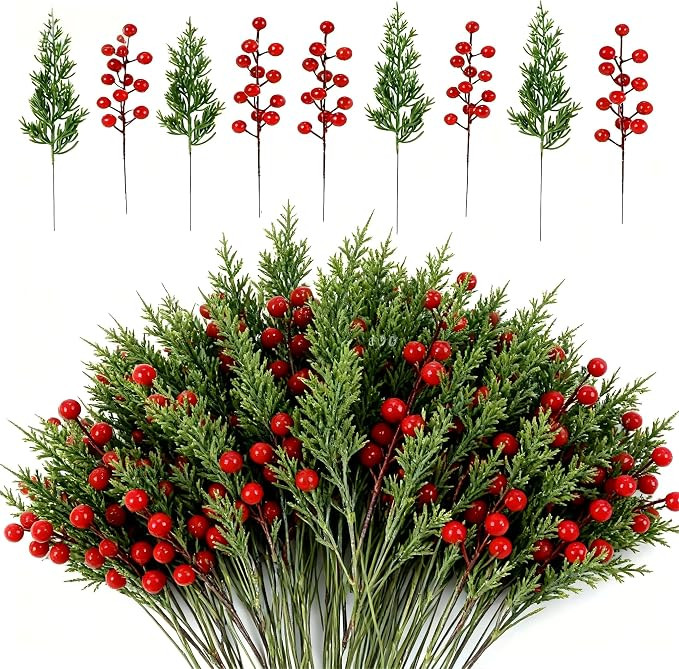 Artificial Christmas Pine Branches with Red Berry Stems-Set of 45 Greenery Stems and 15 Berry Pic... | Amazon (US)