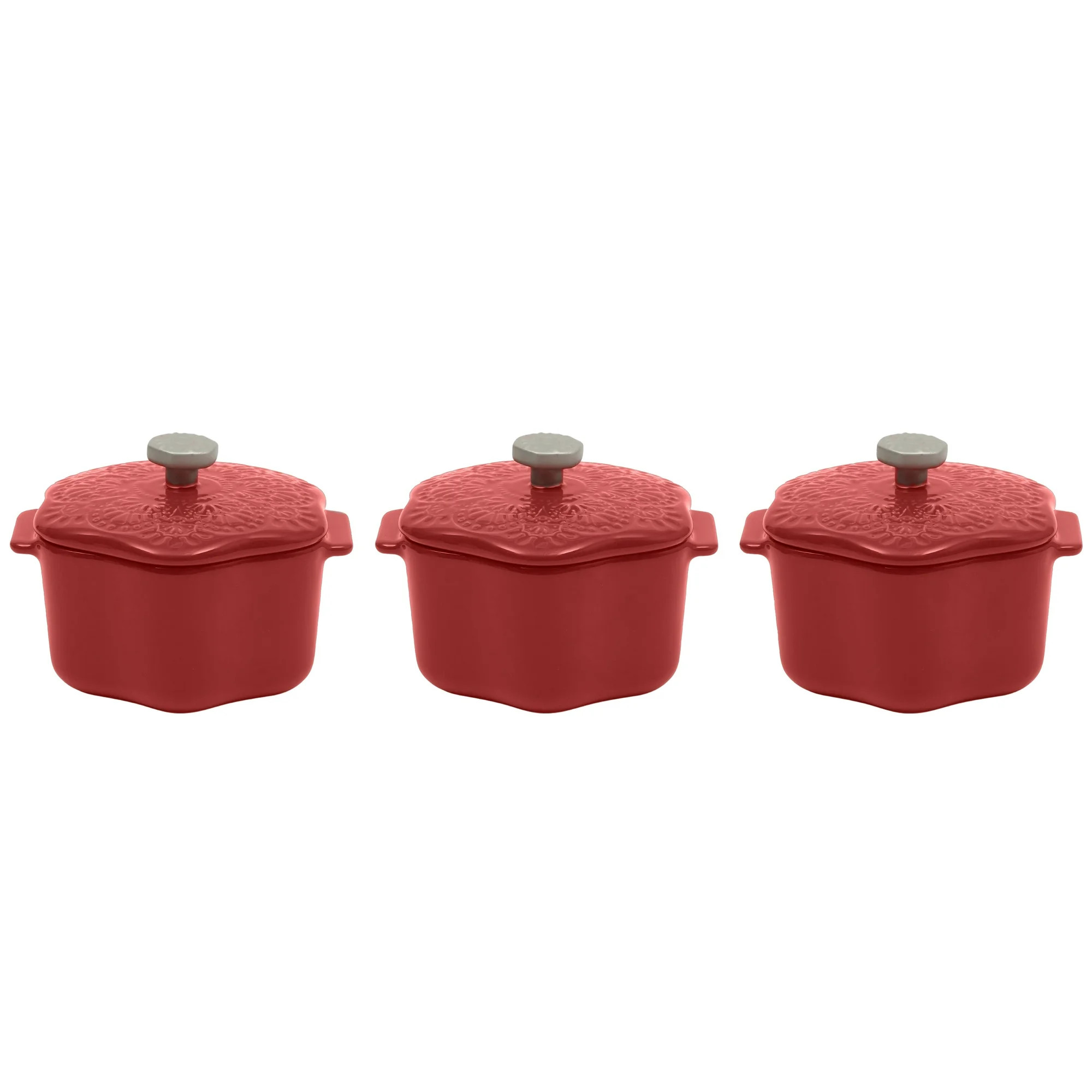 The Pioneer Woman Stoneware 2 Cup Snowflake Cocotte with Lid, Red, Set of 3 | Walmart (US)