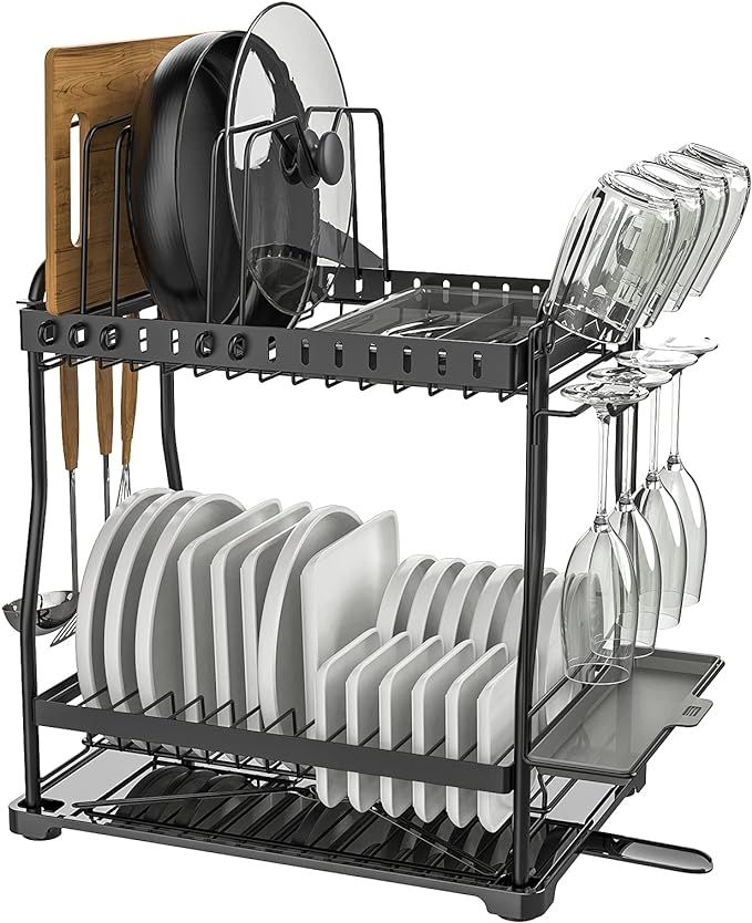 Dish Drying Rack with Drainboard Set, Mehoom 2 Tier Large Dish Racks Adjustable Pan and Pot Lid S... | Amazon (US)