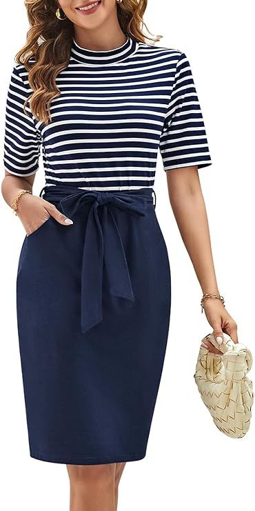 MEROKEETY Women's Summer Short Sleeve Striped Midi T Shirt Dress Mock Neck Work Casual Dresses wi... | Amazon (US)